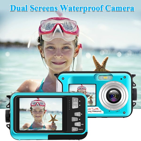 Waterproof Digital Camera Underwater Camera Full HD 2.7K 48 MP Video Recorder Selfie Dual Screens 16X Digital Zoom Flashlight Waterproof Camera for Snorkeling (Blue)