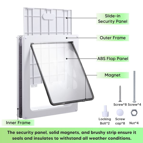 Pet Dog Cat Door Flap Screen Large 2 Way Lockable Magnetic Panel Brushy Safe Security Wooden Wall ABS White