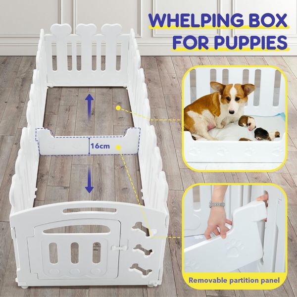 Dog Pet Cat Kennel Enclosure Cage Fence Safety Gate Playpen Crate Whelping Box Barrier Kitten Puppy Furniture 8 Panels 2in1 White