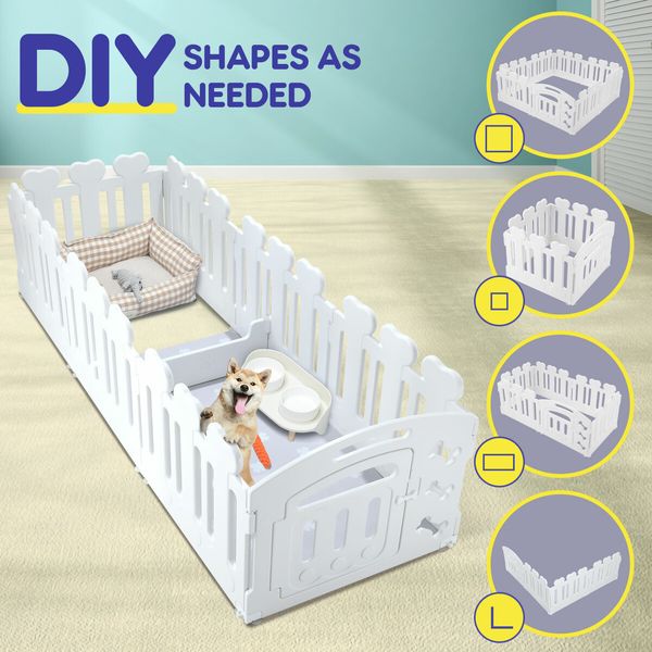 Dog Pet Cat Kennel Enclosure Cage Fence Safety Gate Playpen Crate Whelping Box Barrier Kitten Puppy Furniture 8 Panels 2in1 White