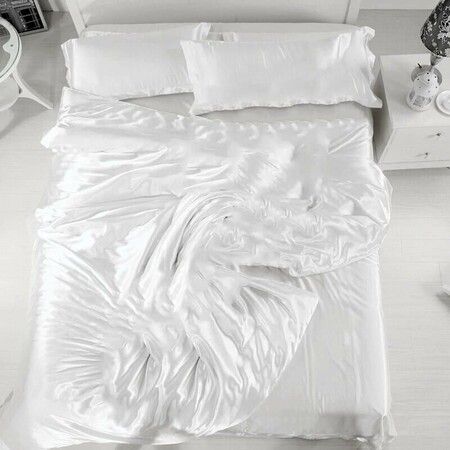 3P King Size Faux Silk Bedding Set Duvet Cover Flat Sheet in Satin Alternative Quilted Comforter Bed Linings Bedroom Col White