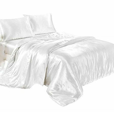 3P King Size Faux Silk Bedding Set Duvet Cover Flat Sheet in Satin Alternative Quilted Comforter Bed Linings Bedroom Col White