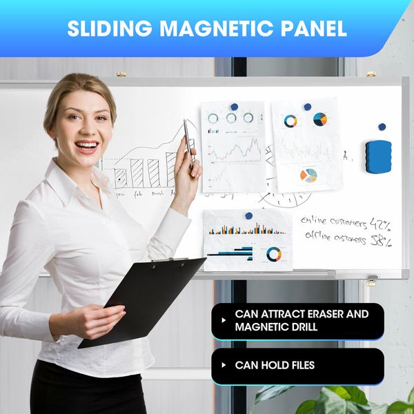 Mobile Magnetic Whiteboard Interactive Dry Erase Sliding White Board Large Rolling Wheels Office Classroom Teaching Panel 153cmx60cm Adjustable Writing Angle