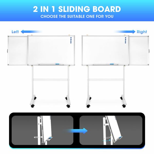 Mobile Magnetic Whiteboard Interactive Dry Erase Sliding White Board Large Rolling Wheels Office Classroom Teaching Panel 153cmx60cm Adjustable Writing Angle