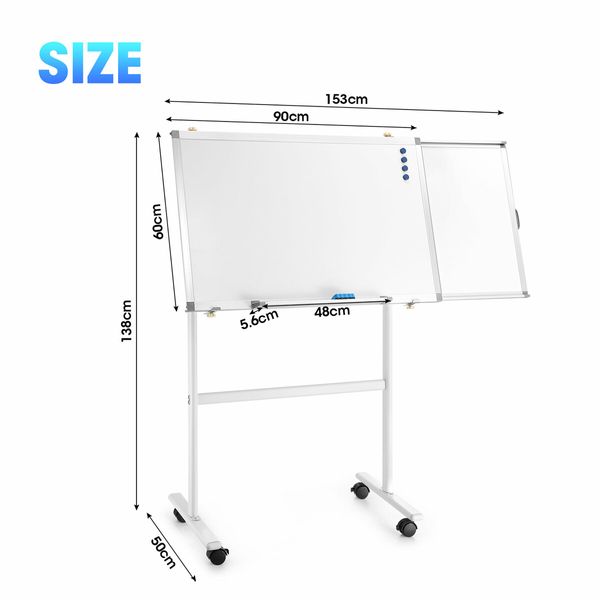 Mobile Magnetic Whiteboard Interactive Dry Erase Sliding White Board Large Rolling Wheels Office Classroom Teaching Panel 153cmx60cm Adjustable Writing Angle