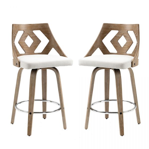 Swivel Bar Stool with Cut Out Back in Beige Fabric Upholstery and White Brushed Oak Wood, 2pcs/Set