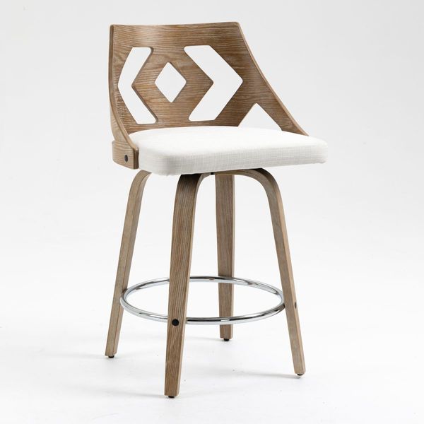 Swivel Bar Stool with Cut Out Back in Beige Fabric Upholstery and White Brushed Oak Wood, 2pcs/Set