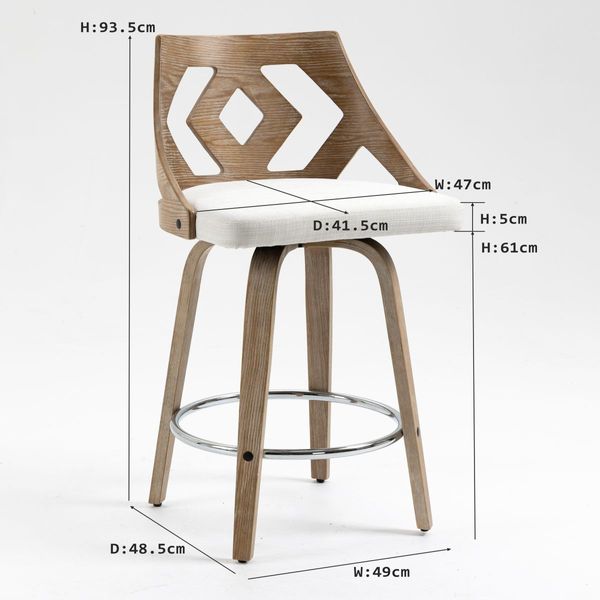 Swivel Bar Stool with Cut Out Back in Beige Fabric Upholstery and White Brushed Oak Wood, 2pcs/Set