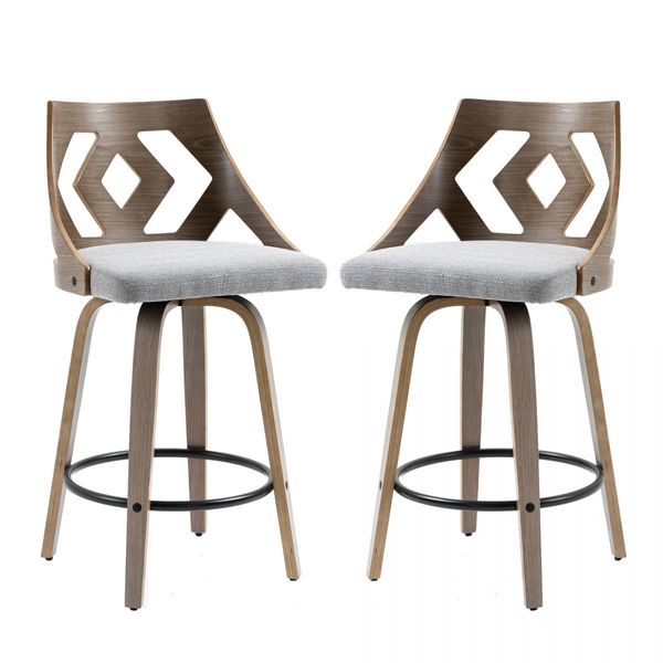 Swivel Bar Stool with Cut Out Back in Gray Fabric Upholstery and Silver Oak Wooden, 2pcs/Set