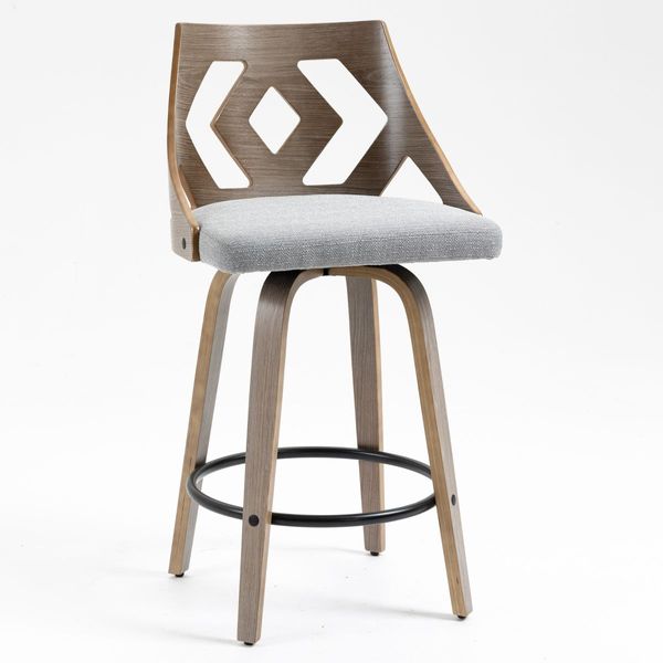 Swivel Bar Stool with Cut Out Back in Gray Fabric Upholstery and Silver Oak Wooden, 2pcs/Set