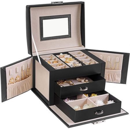 SONGMICS Lockable Jewellery Box Case with 2 Drawers and Mirror Black