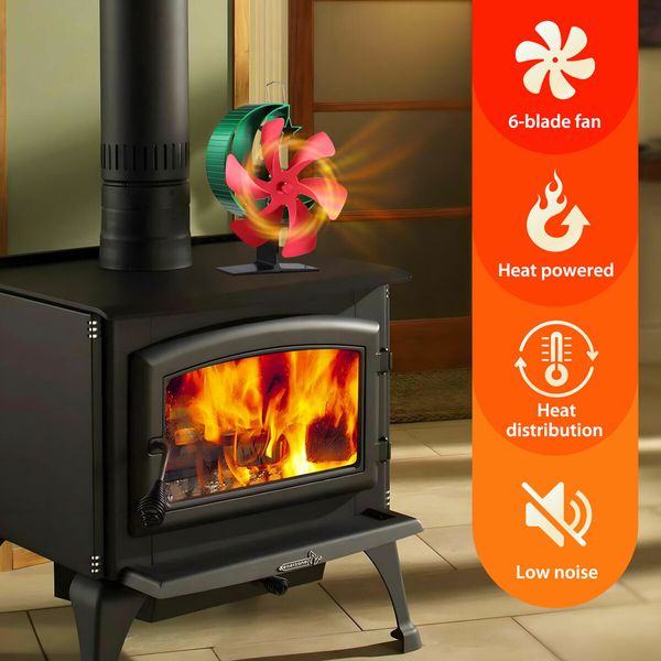 6 Blades Stove Fan Heat Self Powered Wood Log Fireplace Burner Top Burning Thermal Heater Fast Quiet Efficient Non Electric