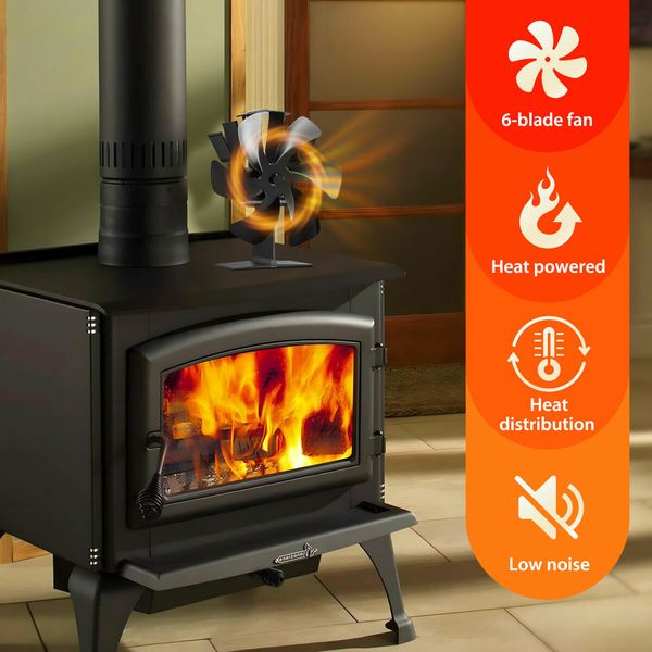 6 Blades Stove Fan Wood Fireplace Heat Self Powered Log Burner Top Thermal Burning Heater Quiet Fast Efficient Non Electric