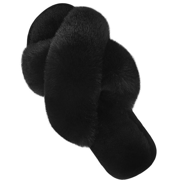 Fluffy House Slippers for Women Fuzzy Slippers Upgraded TPR Sole Cute Slippers for Women Indoor and Outdoor Size XL Color Black