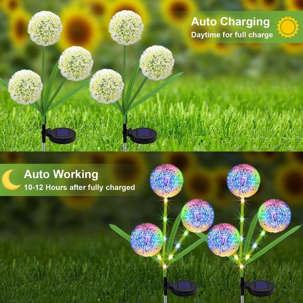 2PC Solar Garden Lights,3-in-1 Colorful Solar ,2 Modes Solar Dandelion Garden Decorative Lights for Pathway, PatioYard Decoration(Dandelion)