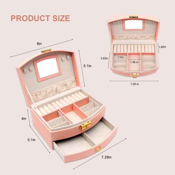 Jewelry Organizer 2 Layer Jewelry Boxes PU Leather For Earrings Ring Bracelets For Mother's Day Gift (Pink)