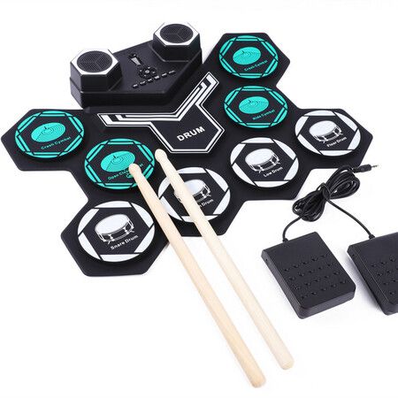 Electronic Drum Set for Kids Adults 9 Pad Digital Drum Kit Portable Roll-Up Drum Pad Built-in Dual Stereo Speakers