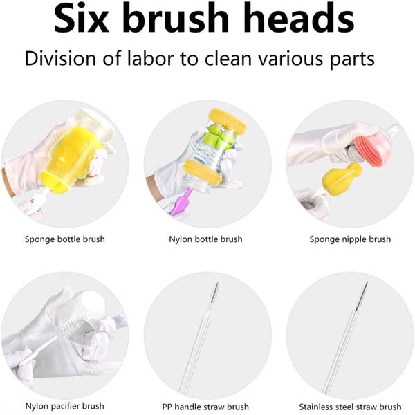 6 PCS Baby Bottle Nipple Brush Suit Set Flexible Rotating Sponge Head Cleaning Kit