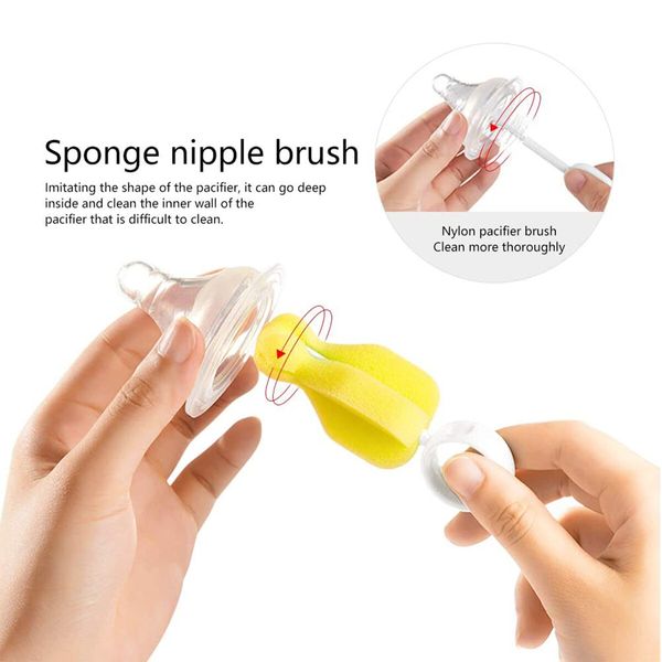 6 PCS Baby Bottle Nipple Brush Suit Set Flexible Rotating Sponge Head Cleaning Kit