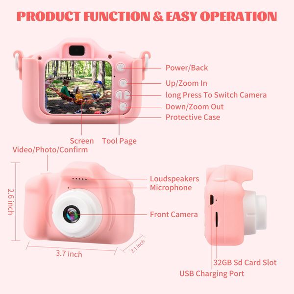 Kids Camera 1080P HD Digital Video Cameras with 32GB SD Card Mini Rechargeable Toddler Toys Camera for 3-12 Years Girls Best Gifts for Kids (Pink)