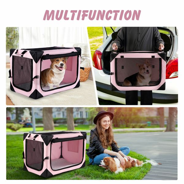 Dog Pet Cat Crate Cage Rabbit Hutch Bird Puppy Bunny Carrier Travel Indoor Soft Outdoor Car Foldable Medium Pink