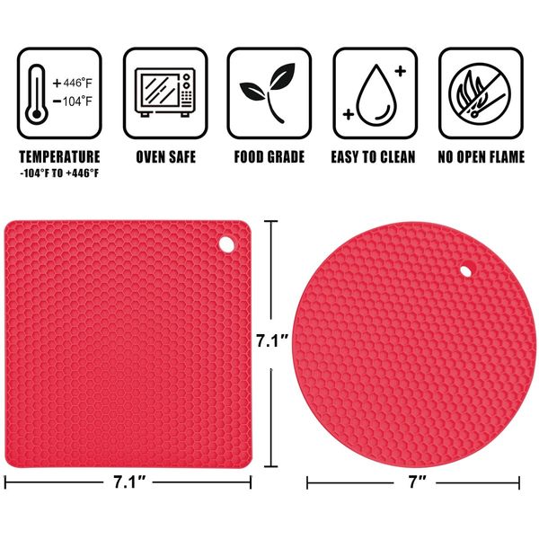 Silicone Trivet Mats - 4 Heat Resistant Pot Holders,Multipurpose Non-Slip Hot Pads for Kitchen Potholders,Hot Dishers,Jar Opener,Spoon Holder,Food Grade Silicone & BPA Free (Red)