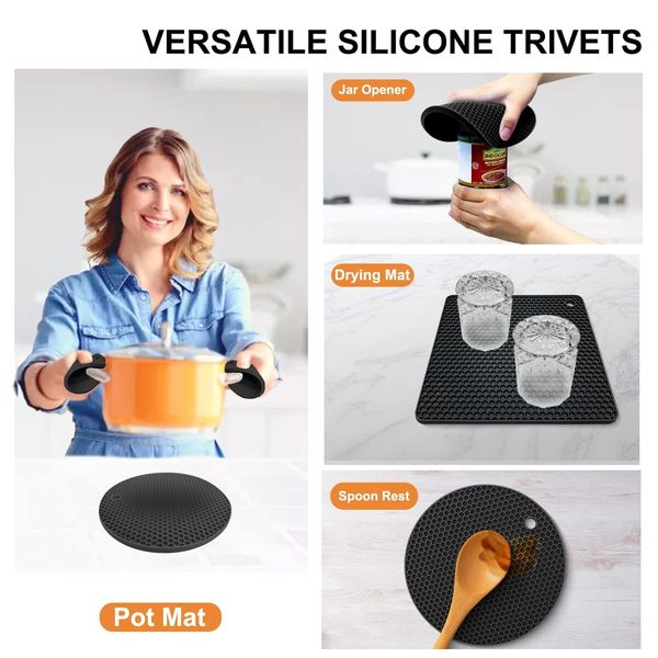 Silicone Trivet Mats - 4 Heat Resistant Pot Holders,Multipurpose Non-Slip Hot Pads for Kitchen Potholders,Hot Dishers,Jar Opener,Spoon Holder,Food Grade Silicone & BPA Free (Black)