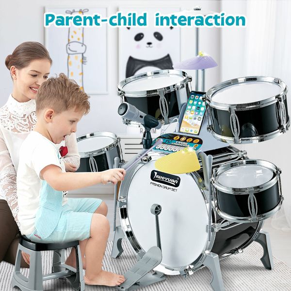 Kids Jazz Drum Set Junior Musical Educational Instrument Toy Kit Childrens Learning Preschool Playset with Stool Plastic