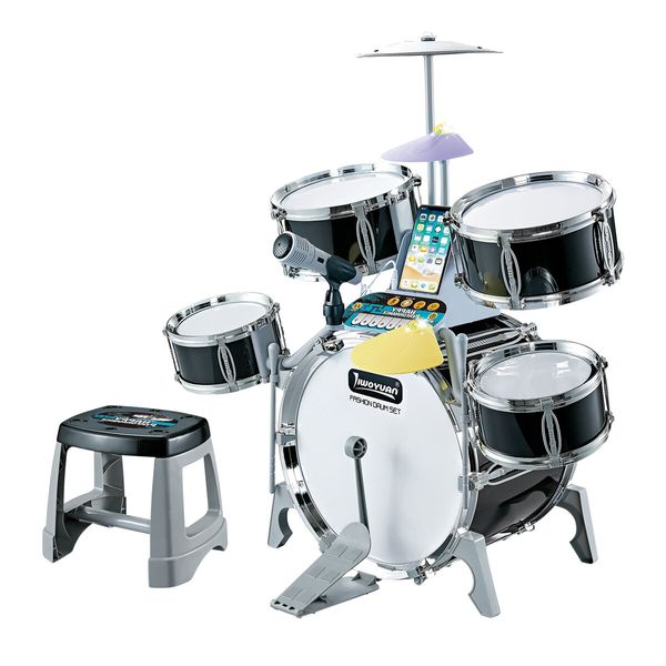 Kids Jazz Drum Set Junior Musical Educational Instrument Toy Kit Childrens Learning Preschool Playset with Stool Plastic