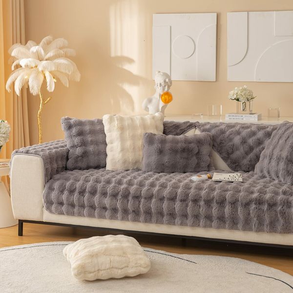 Thick Rabbit Plush Sofa Cushion, Fluffy Couch Cushion Covers Furniture Protector (Grey, Sofa Cushion 70*150 cm)