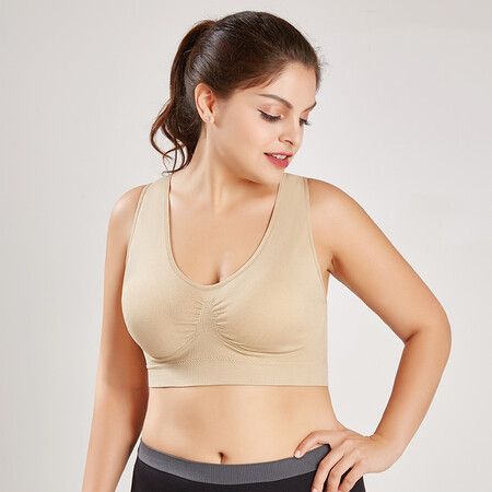 Women'S Wireless Bra, Full-Coverage Overlay Stretch Knit Bra, Comfortable Fitness Sleep Yoga Plus Size Tank Top Col.Nude Size L