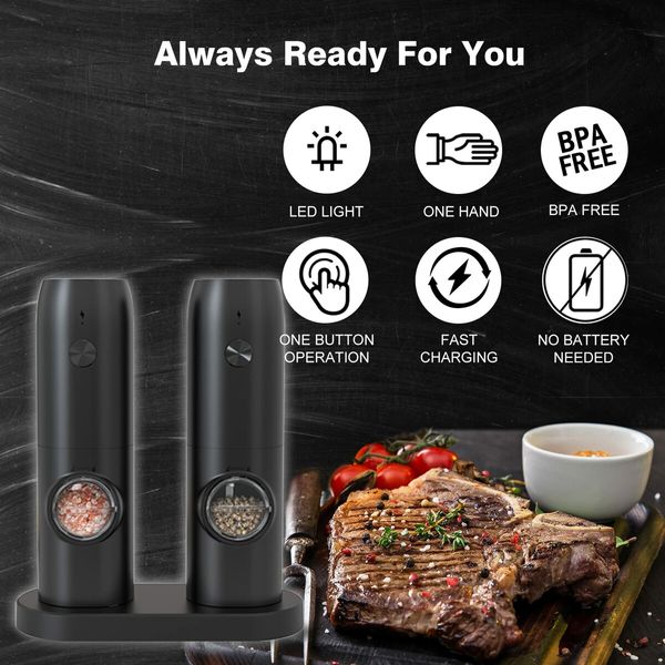 Rechargeable Electric Salt and Pepper Grinder Set Automatic Shakers With Charging Base USB Cable LED Lights