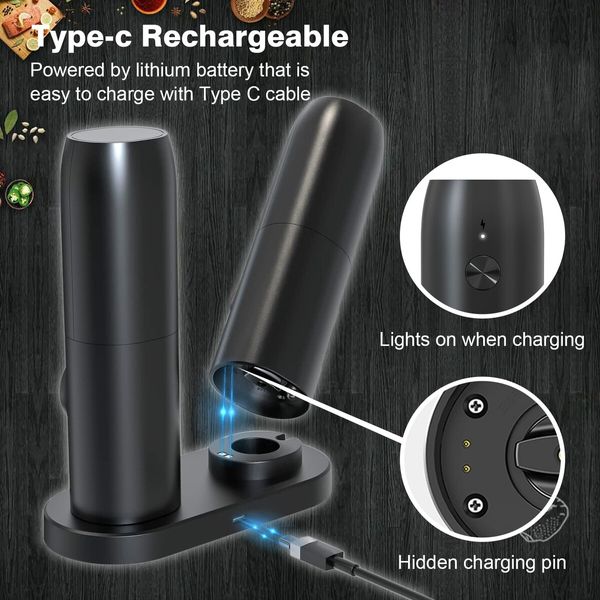 Rechargeable Electric Salt and Pepper Grinder Set Automatic Shakers With Charging Base USB Cable LED Lights