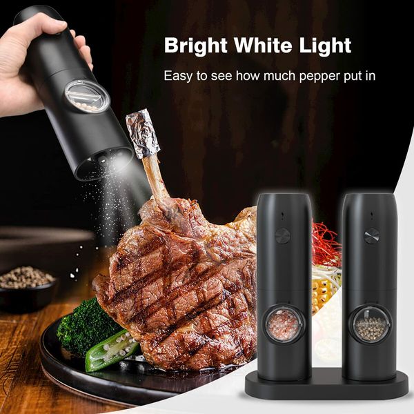 Rechargeable Electric Salt and Pepper Grinder Set Automatic Shakers With Charging Base USB Cable LED Lights