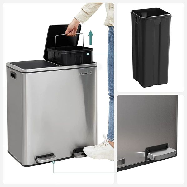 SONGMICS Dual Rubbish Bin 2 x 30L Sliver