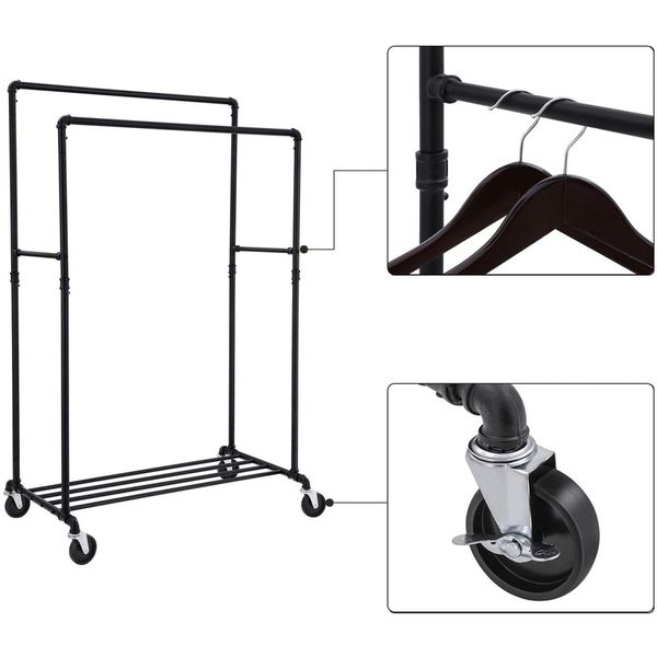 SONGMICS Industrial Pipe with Double Hanging Rail Clothes Rack on Wheels load of 110 Kg