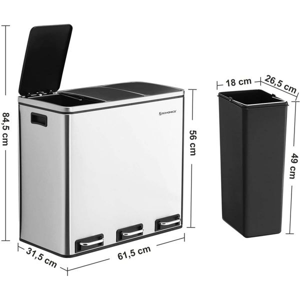 SONGMICS 3 x 18 L Waste Separation System with 3 Plastic Inner Buckets Pedal