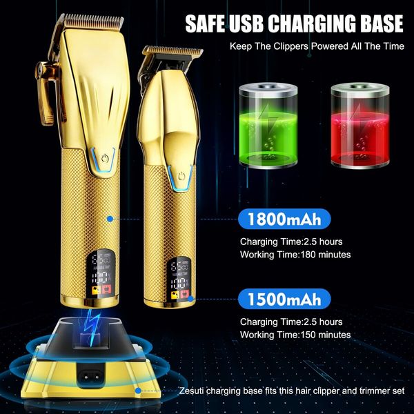 Hair Clippers T-Blade Trimmer Set with Charging Base Cordless 4 Adjustable Speeds Hair Barbe Kit-Gold