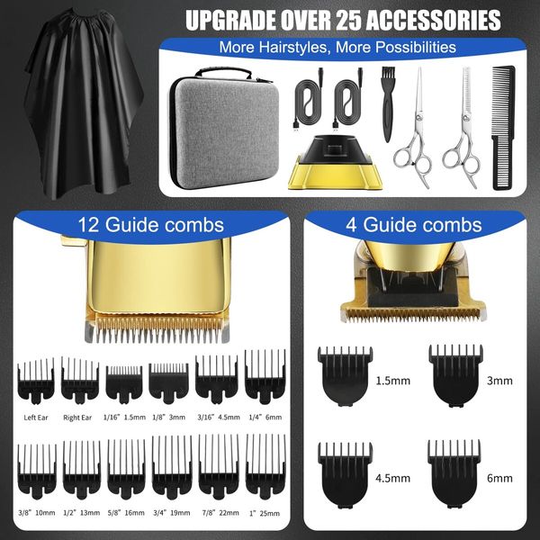 Hair Clippers T-Blade Trimmer Set with Charging Base Cordless 4 Adjustable Speeds Hair Barbe Kit-Gold