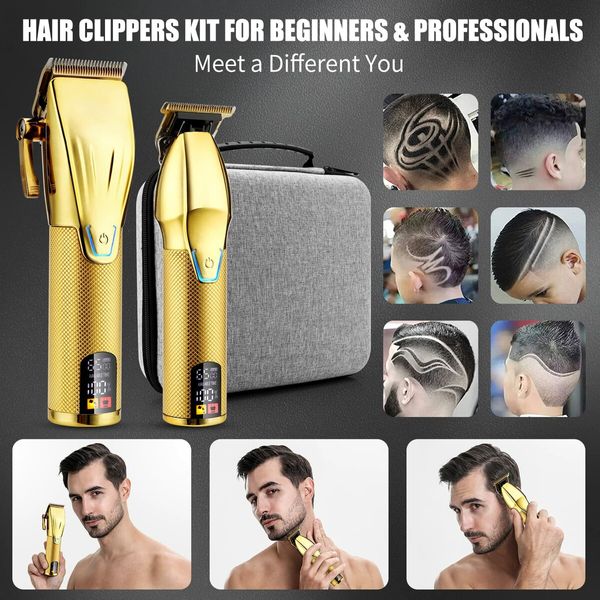 Hair Clippers T-Blade Trimmer Set with Charging Base Cordless 4 Adjustable Speeds Hair Barbe Kit-Gold