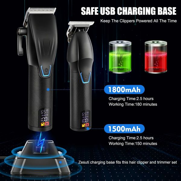 Hair Clippers T-Blade Trimmer Set with Charging Base Cordless 4 Adjustable Speeds Hair Barbe Kit-Black