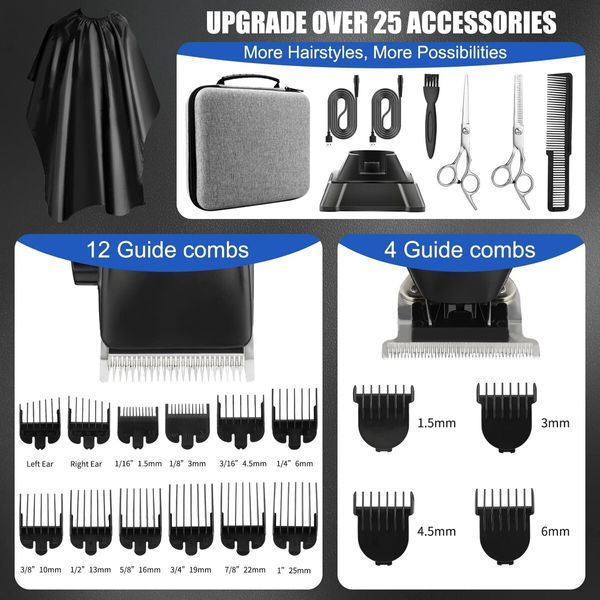 Hair Clippers T-Blade Trimmer Set with Charging Base Cordless 4 Adjustable Speeds Hair Barbe Kit-Black