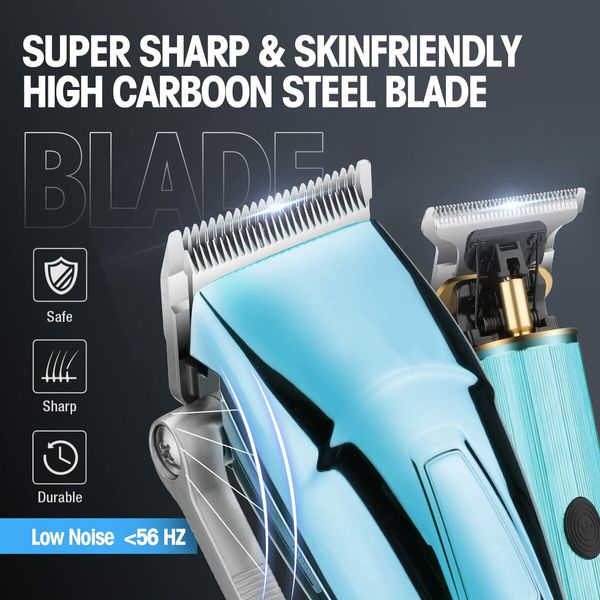 Hair Clippers with Beard Trimmer Set Cordless 2 Adjustable Speeds Haircut Kit T-Blade USB Rechargeable-Blue