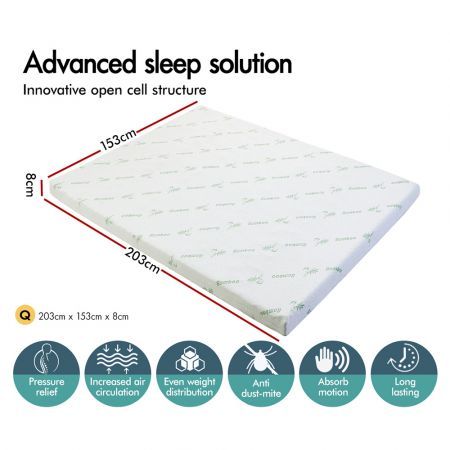 S.E. Memory Foam Topper Ventilated Mattress Bed Bamboo Cover Underlay 8cm Queen