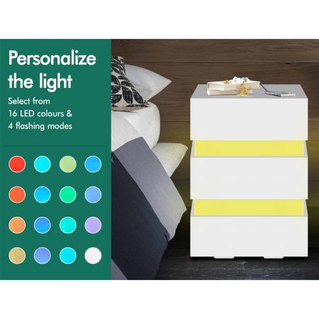 ALFORDSON Bedside Table RGB LED Nightstand 3 Drawers 4 Side High Gloss White