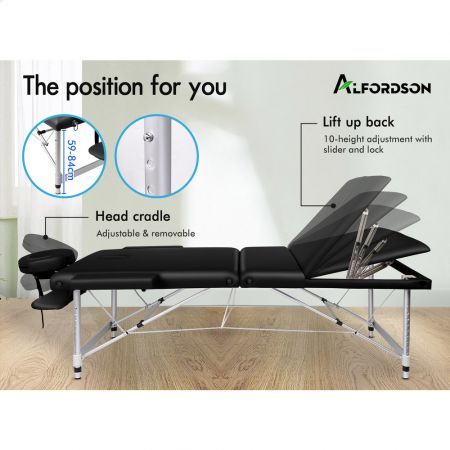 ALFORDSON Massage Table 3 Fold 65cm Foldable Portable Aluminium Lift Up Bed Desk Black