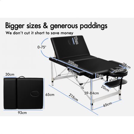 ALFORDSON Massage Table 3 Fold 65cm Foldable Portable Aluminium Lift Up Bed Desk Black