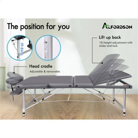 ALFORDSON Massage Table 3 Fold 65cm Foldable Portable Aluminium Lift Up Bed Desk Grey