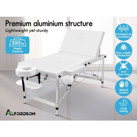 ALFORDSON Massage Table 3 Fold 65cm Foldable Portable Aluminium Lift Up Bed Desk White