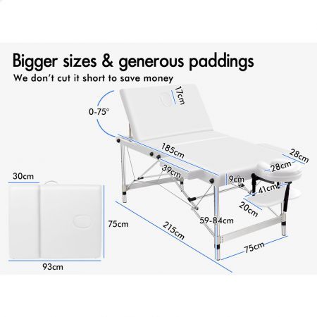 ALFORDSON Massage Table 3 Fold 75cm Foldable Portable Aluminium Lift Up Bed Desk